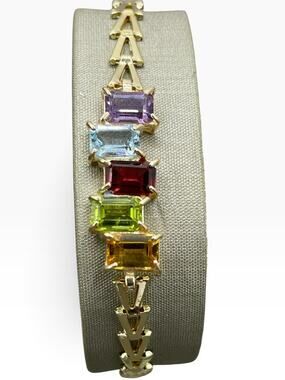 14K Yellow Gold Multi-Colored Emerald Cut Stone Bracelet (26671)